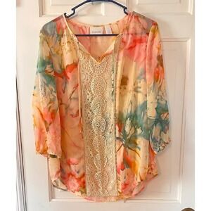 Chico's Floral Blouse Lace Trim Sheer Lightweight Tunic Top Size‎ 1